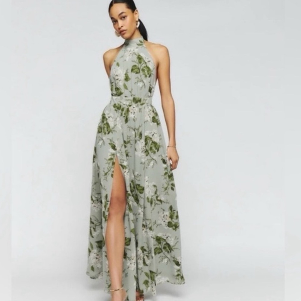 Reformation sage floral evening dress worn once for wedding.